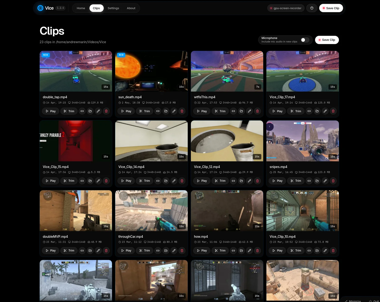 The Vice clip gallery, a grid of game clips with play, trim, rename, share, and delete actions