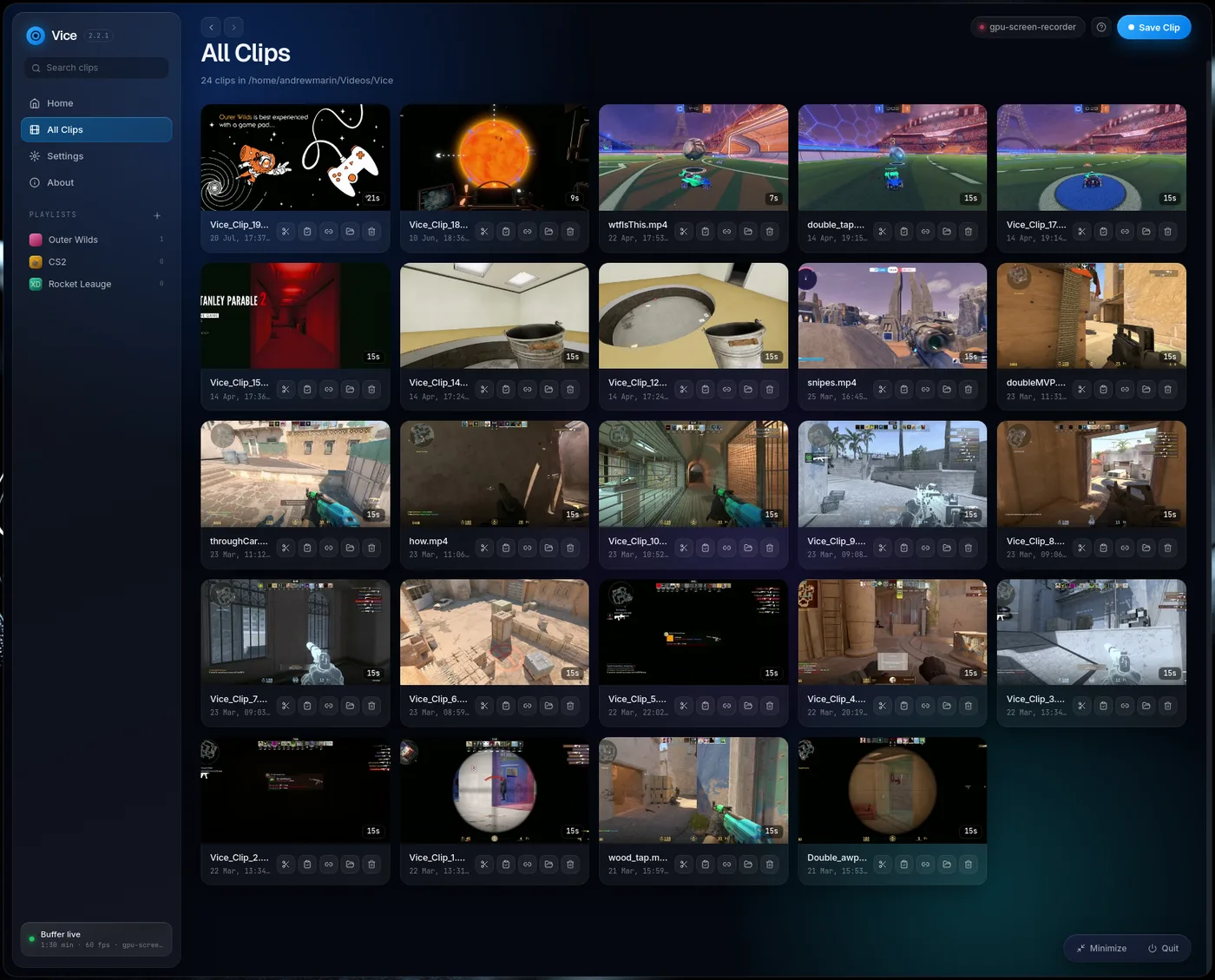The Vice All Clips gallery, a grid of game clips with quick actions for trim, share, and delete