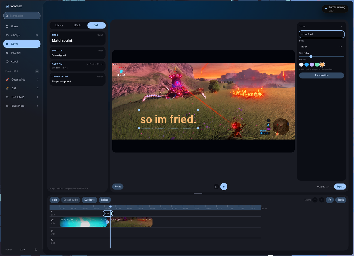 Vice editor with a gameplay preview, text controls, and a multi-track timeline