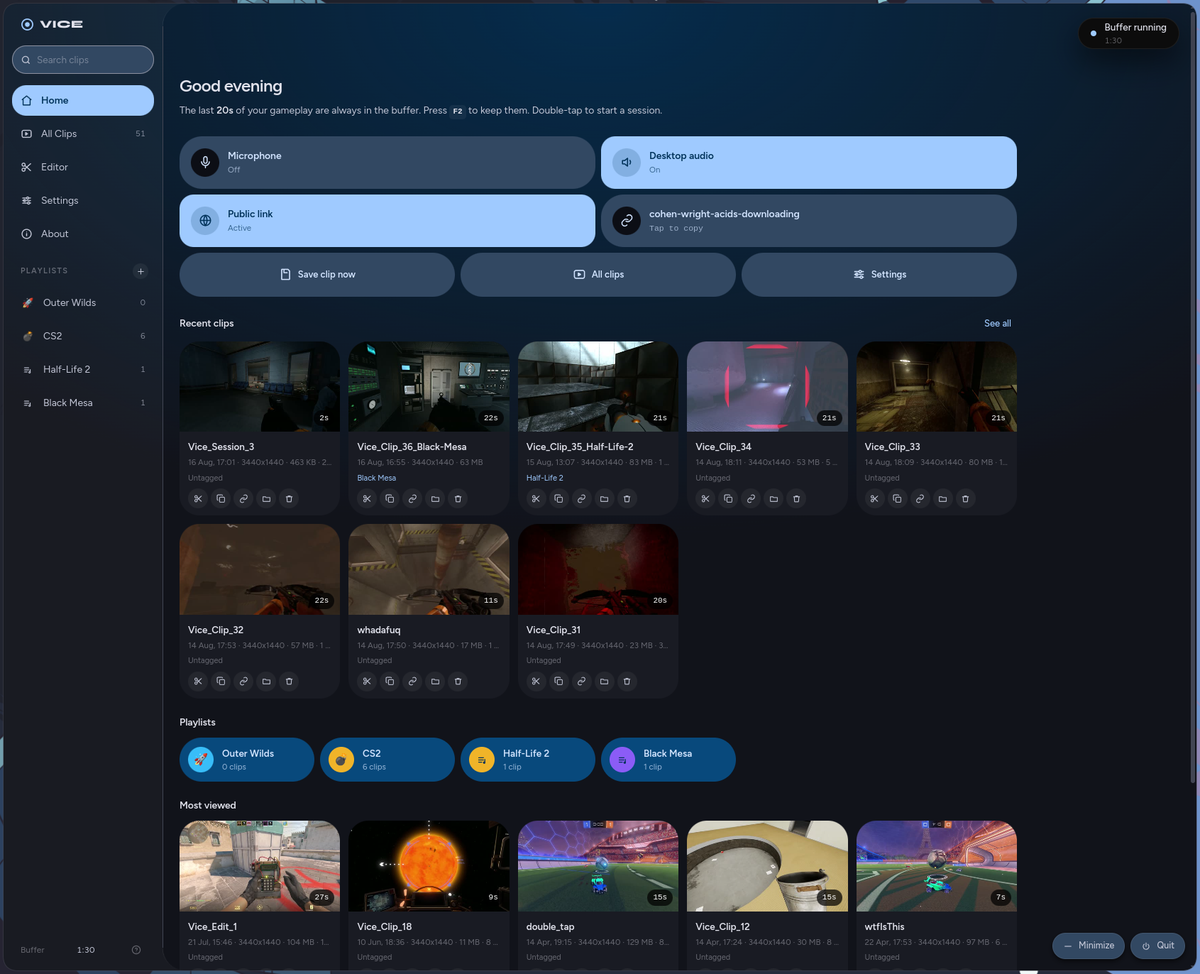 Vice home screen showing recent Clips, capture controls, and Playlists