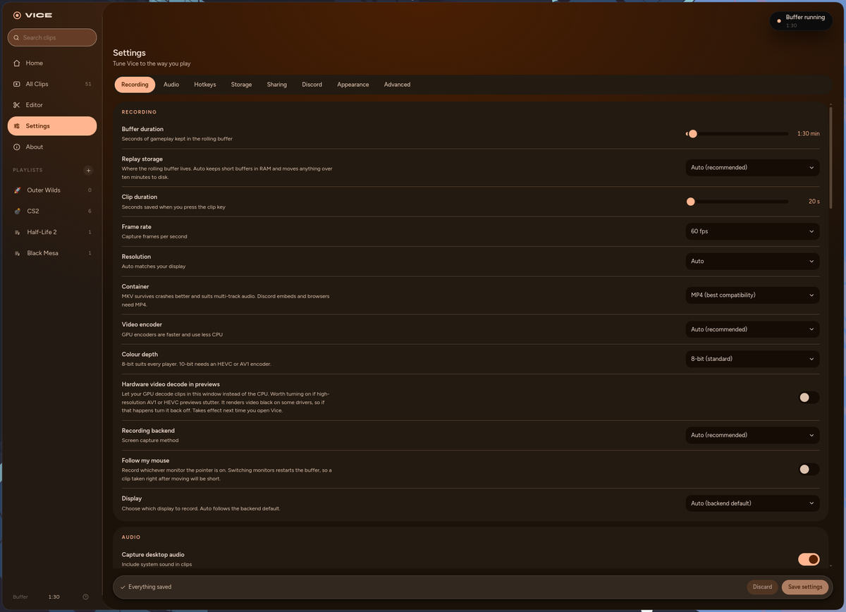Vice recording settings with buffer, frame rate, encoder, and audio controls