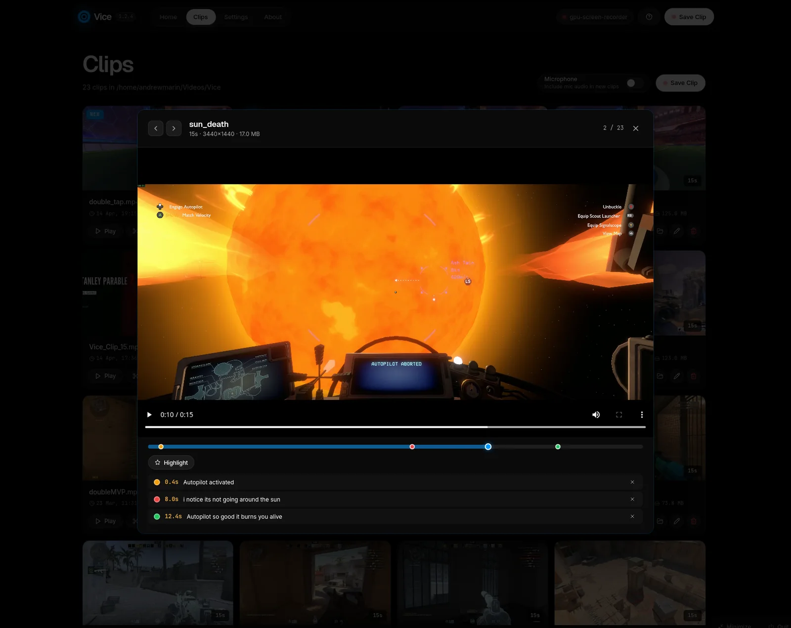 A session recording open in the Vice viewer with highlight markers on the timeline