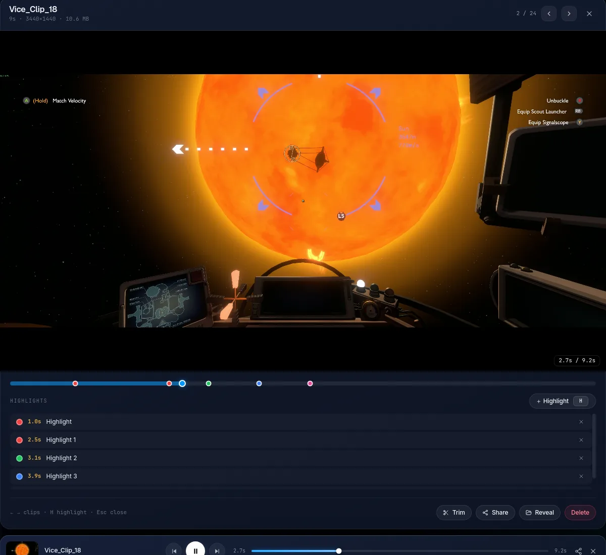 A session recording open in the Vice viewer with highlight markers on the timeline