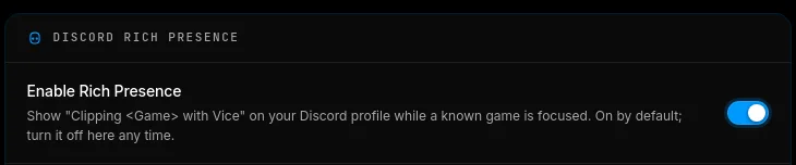 The Discord Rich Presence toggle in Vice settings