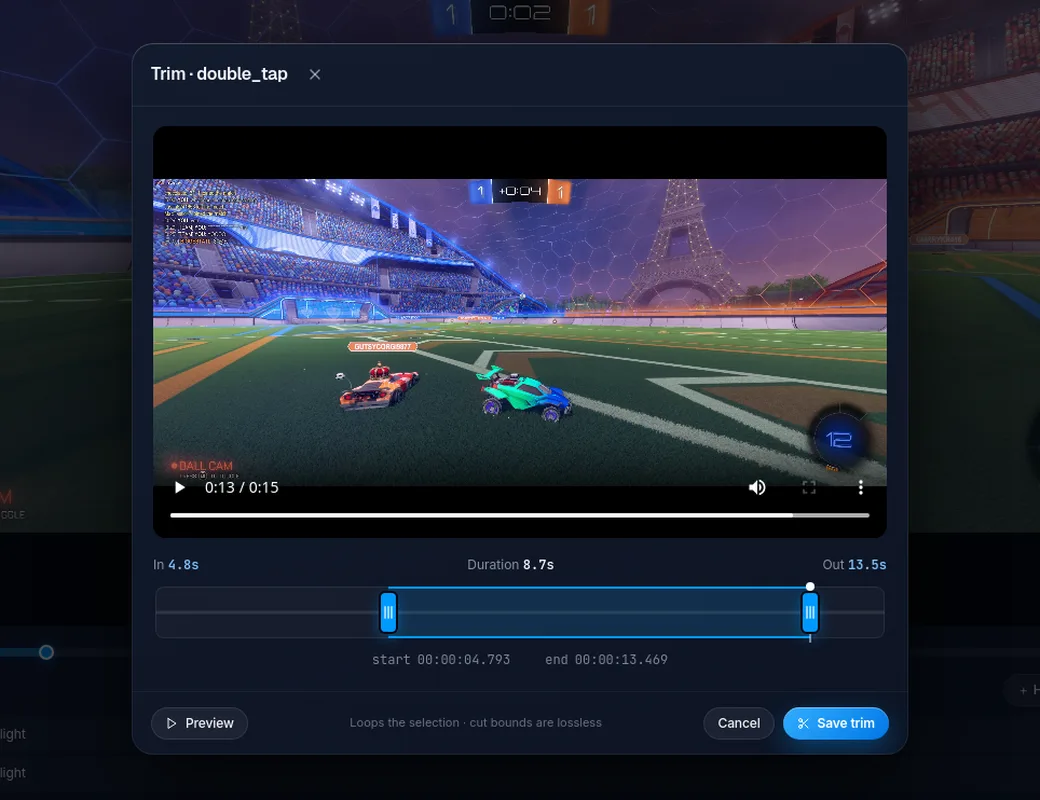 The Vice trim view: a Rocket League clip with draggable in and out handles