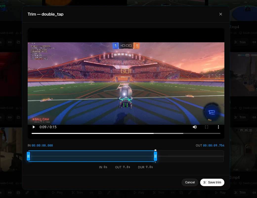 The Vice trim view: a Rocket League clip with draggable in and out handles